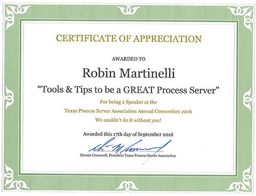 Certificate of Appreciation Robin Martinelli