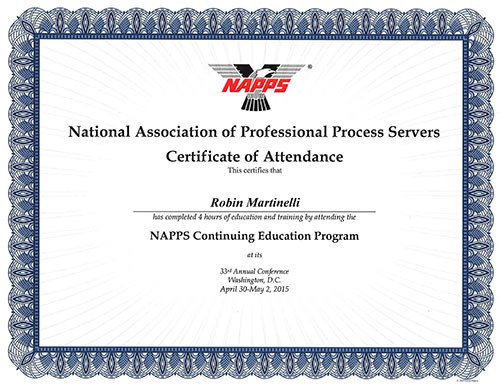 National Association of Professional Process Servers Certificate of Attendance